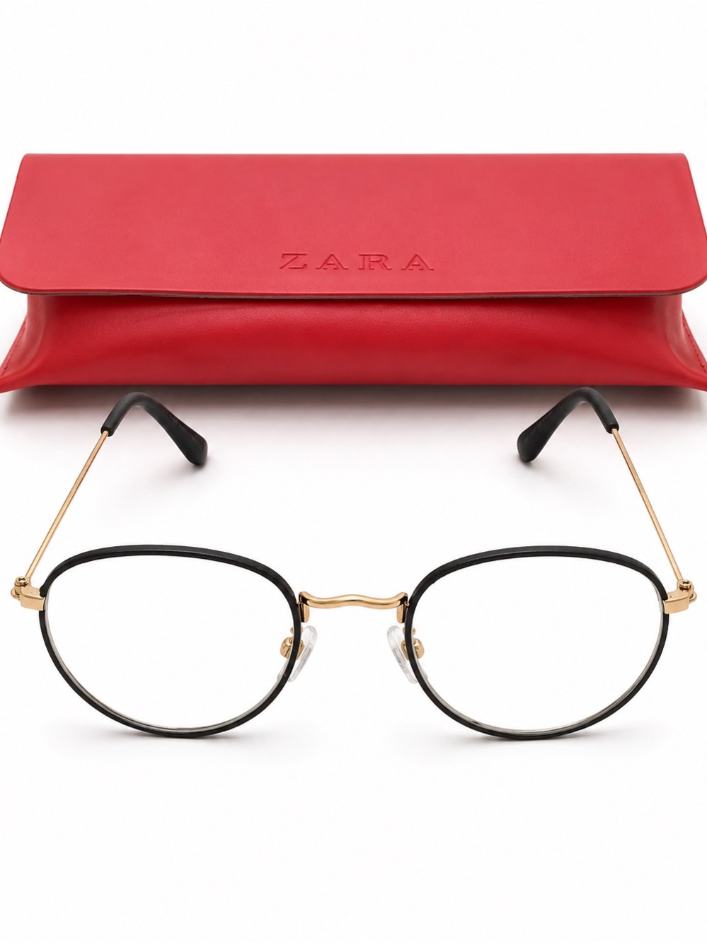 Zara Black and Gold Round Metal Eyeglasses with Red Case